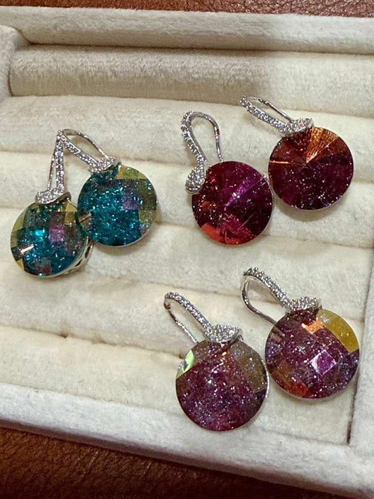 Disc Drop Earrings with Cubic Zirconia, Round Faceted Stones, Glam Statement Jewelry