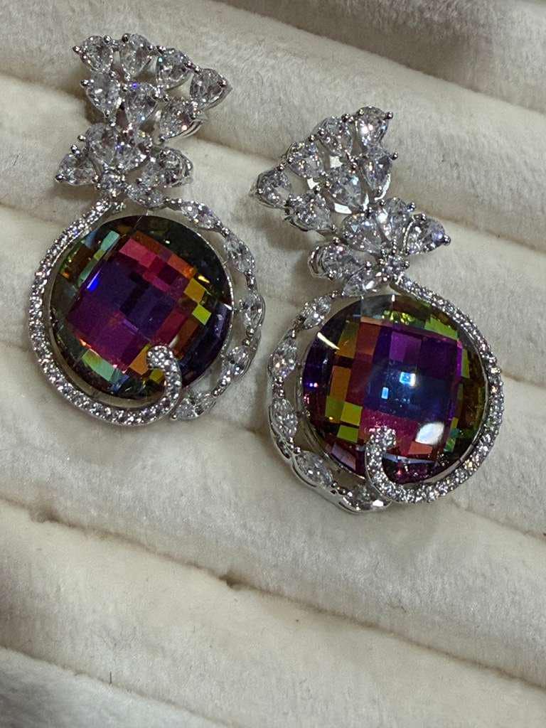 Multicolor CZ Statement Drop Earrings, Rainbow Faceted Gemstone Glam Jewelry