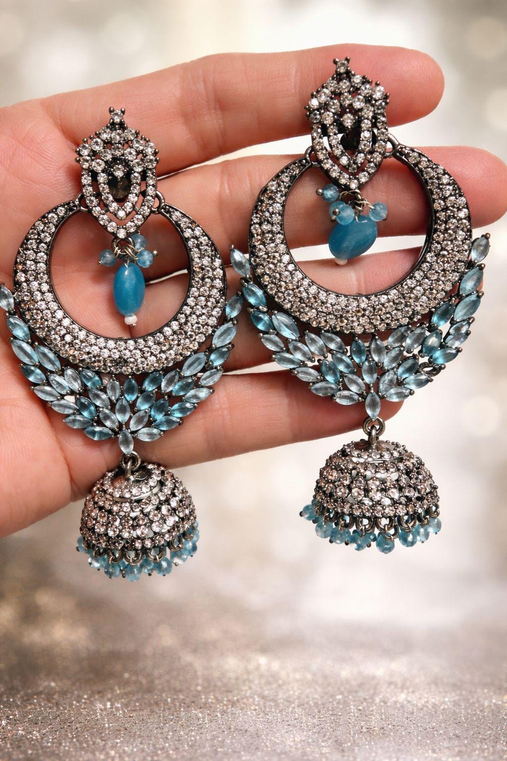 Blue Jhumka Statement Earrings Indian Chandbali Earrings
