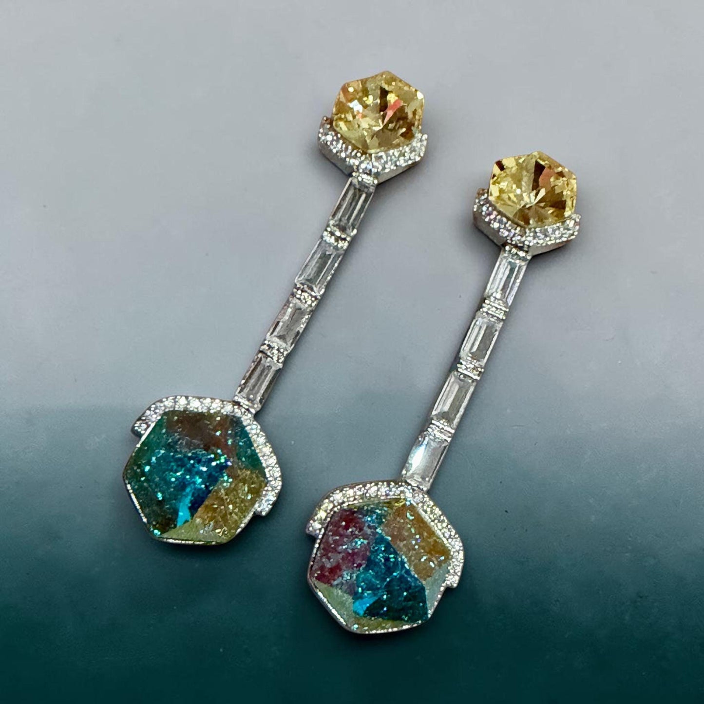 Art Deco Linear Baguette Drop Earrings – Elegant Halo Gemstone Statement Jewelry