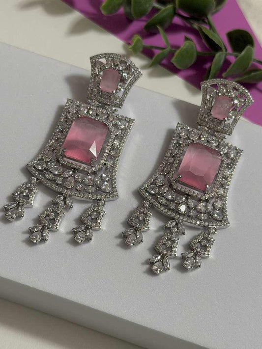 Blush Pink Crystal Statement Earrings Art Deco Bridal Earrings Luxury CZ Dangle Earrings