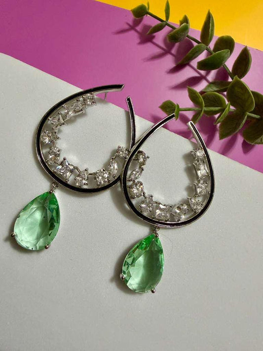 Green Teardrop Crystal Earrings Modern Statement Earrings Silver Hoop Drop Earrings
