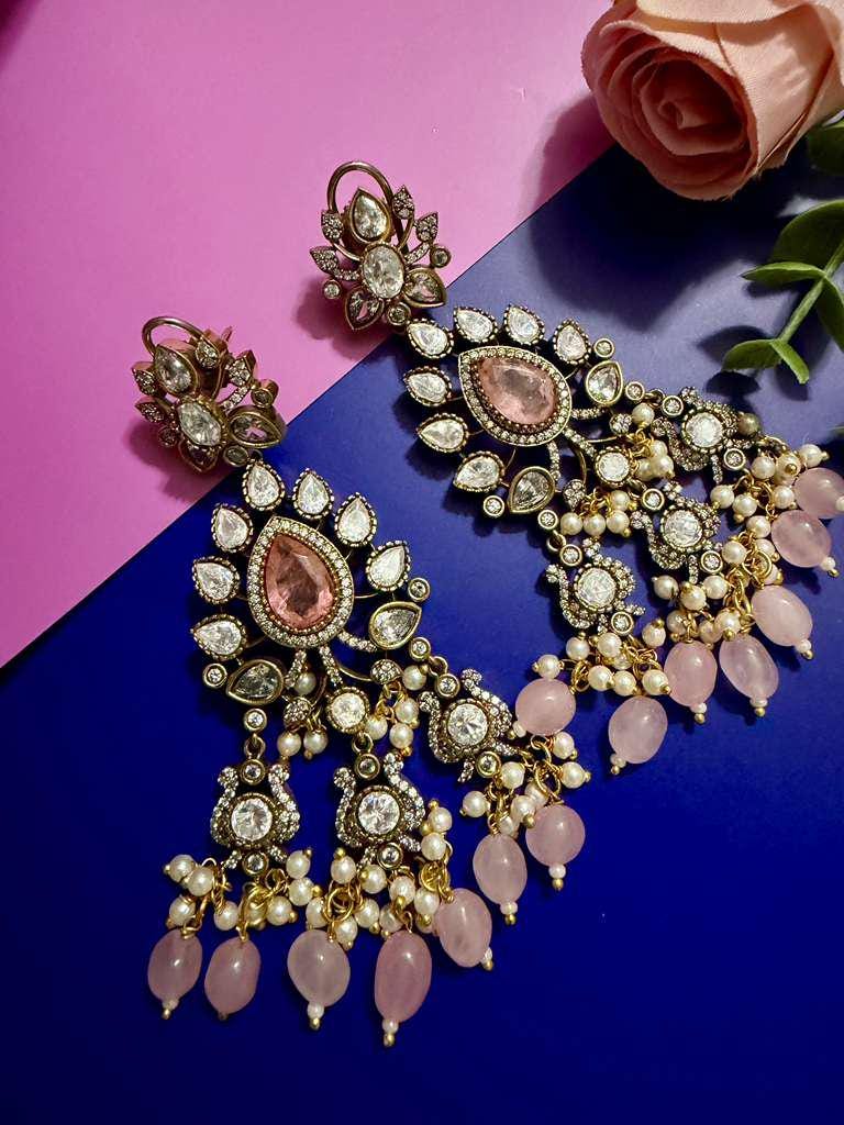 Pink Kundan Chandelier Earrings Bridal Statement Earrings Pearl Dangle Earrings