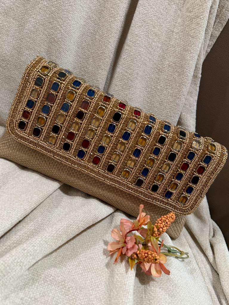 Hand Embroidered Beaded Clutch Geometric Stone Evening Bag Luxury Bridal Purse