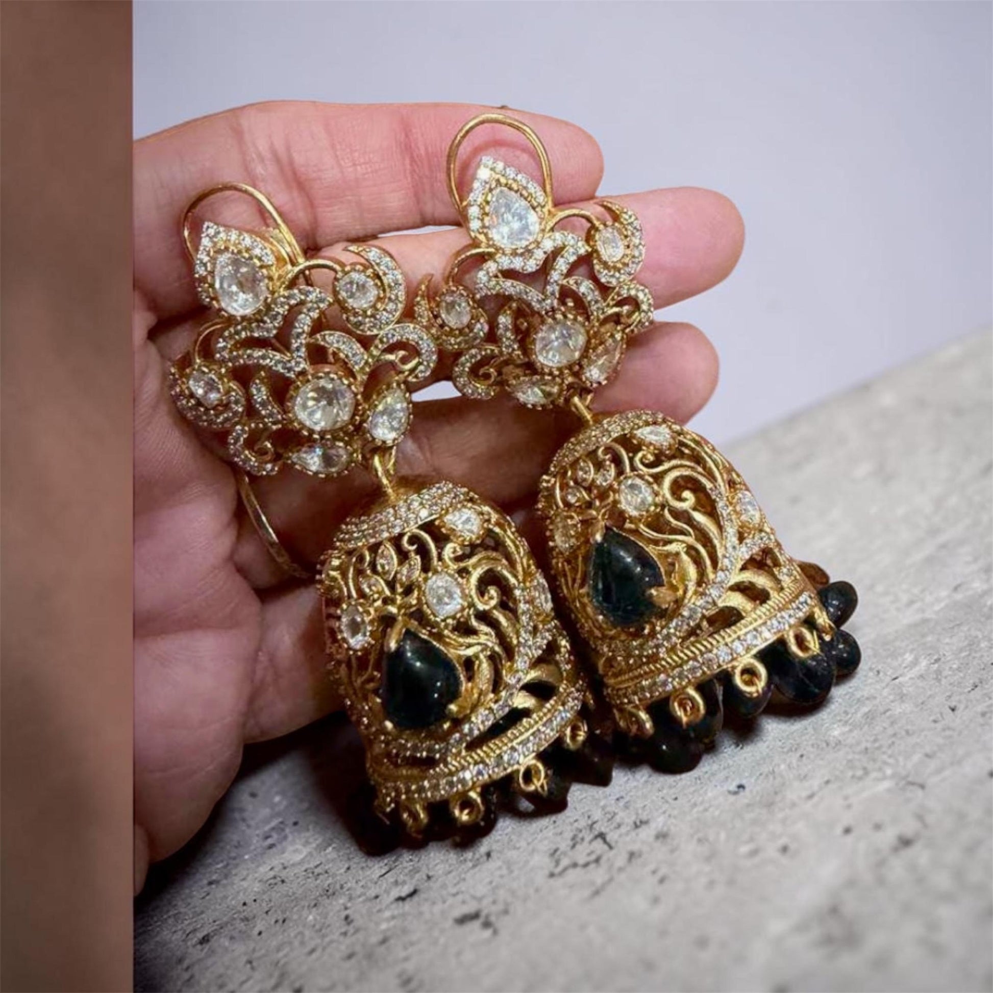 Black Gold Kundan Jhumka Earrings: Statement Bridal Jhumki Jewelry