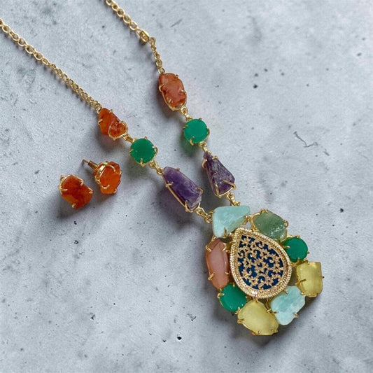 Multicolor Natural Stone Statement Necklace and Earrings Set – Boho Gold-Tone Jewelry