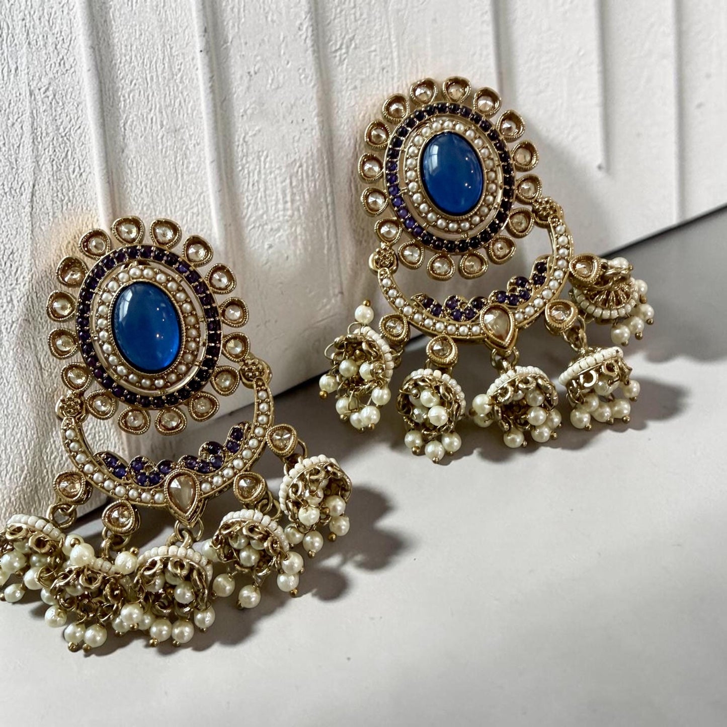 Elegant Blue Jhumka Earrings with stone Accents - Traditional Indian Jewelry