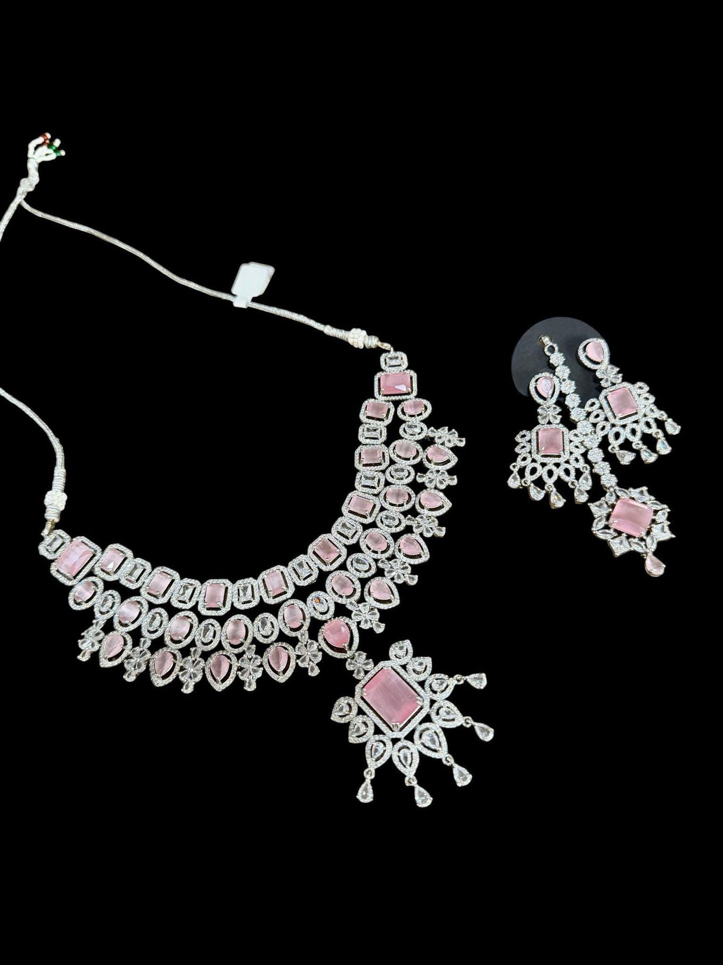 Blush Statement Necklace Set Layered CZ Bridal Jewelry Set Chandelier Earrings