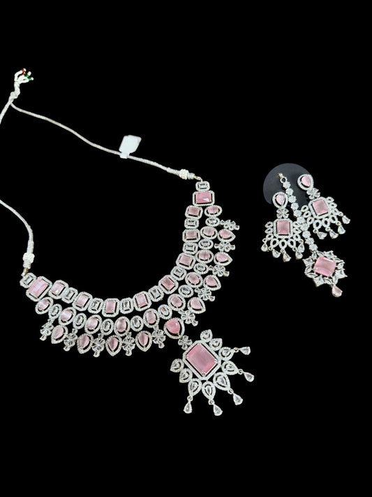 Blush Statement Necklace Set Layered CZ Bridal Jewelry Set Chandelier Earrings