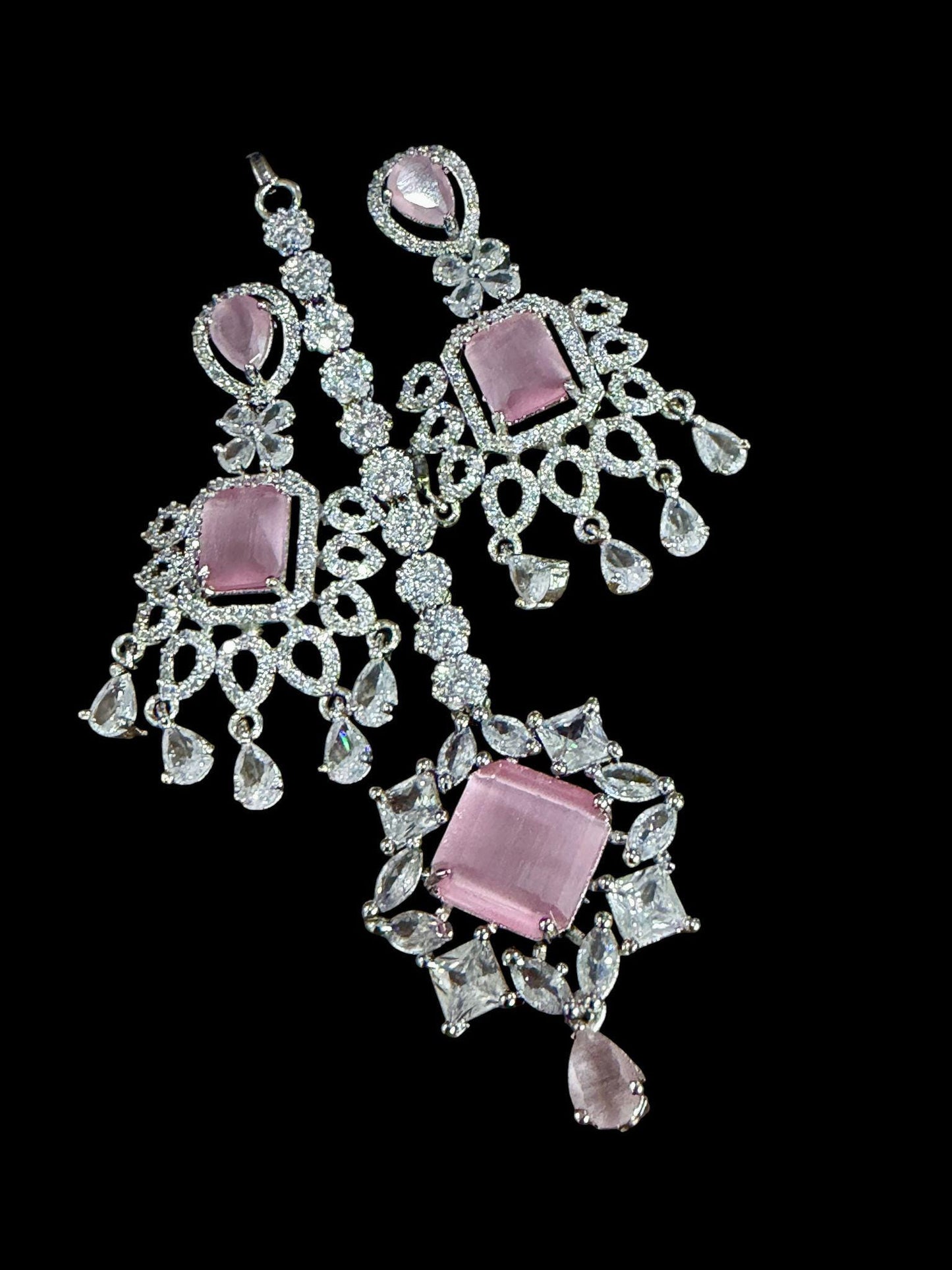 Blush Statement Necklace Set Layered CZ Bridal Jewelry Set Chandelier Earrings