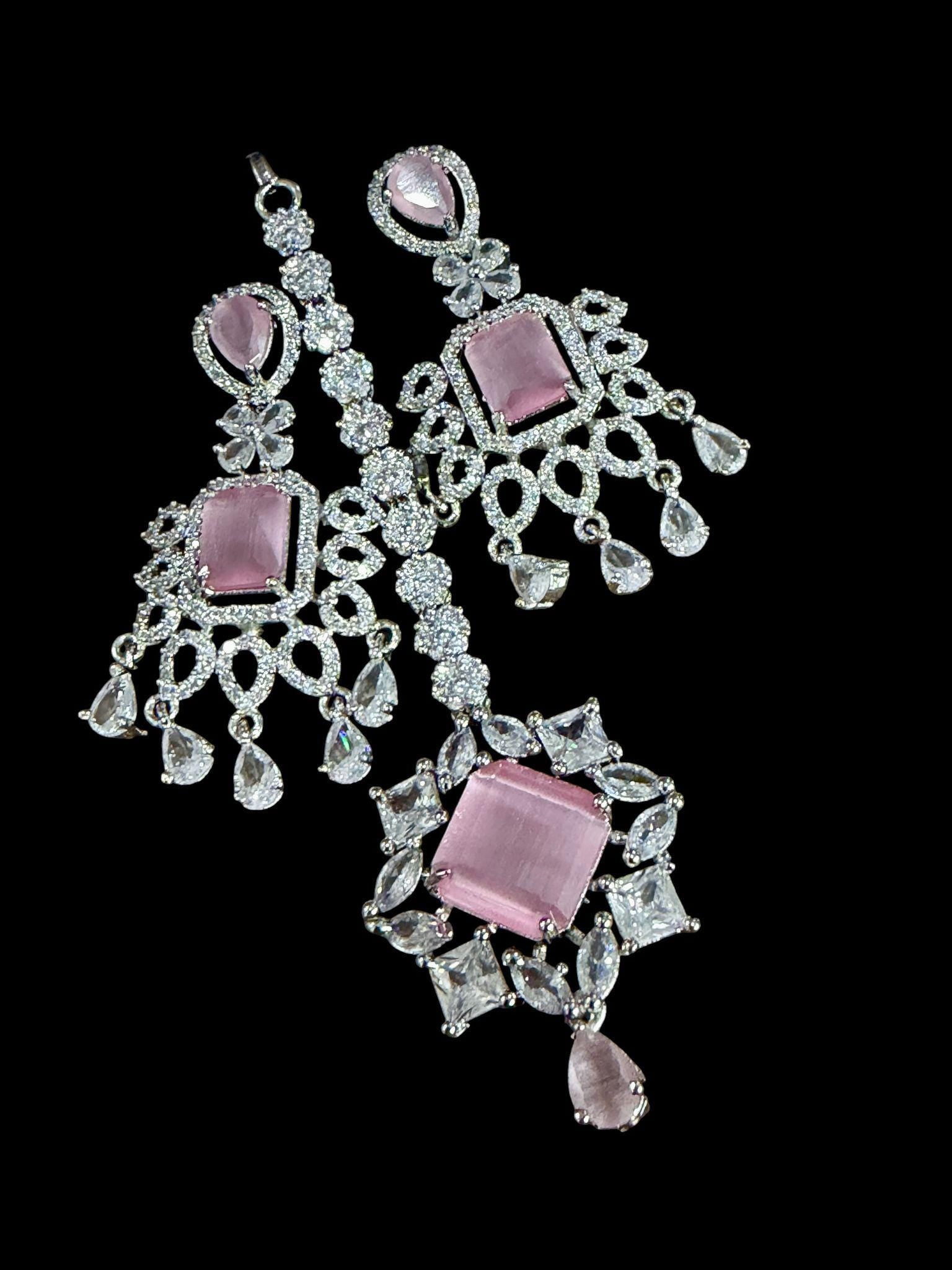 Blush Statement Necklace Set Layered CZ Bridal Jewelry Set Chandelier Earrings