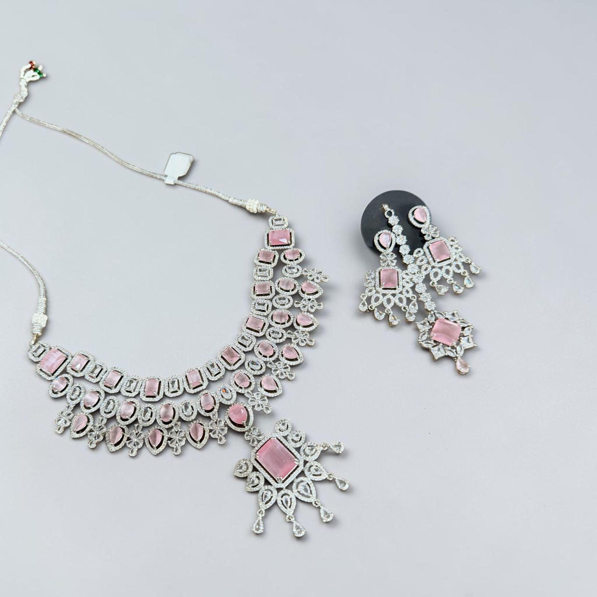 Blush Statement Necklace Set Layered CZ Bridal Jewelry Set Chandelier Earrings