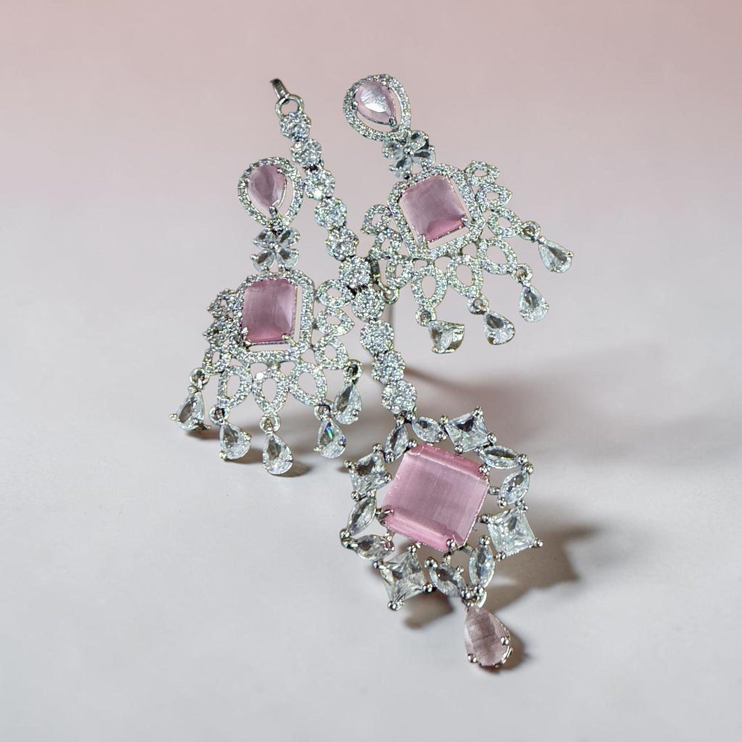 Blush Statement Necklace Set Layered CZ Bridal Jewelry Set Chandelier Earrings
