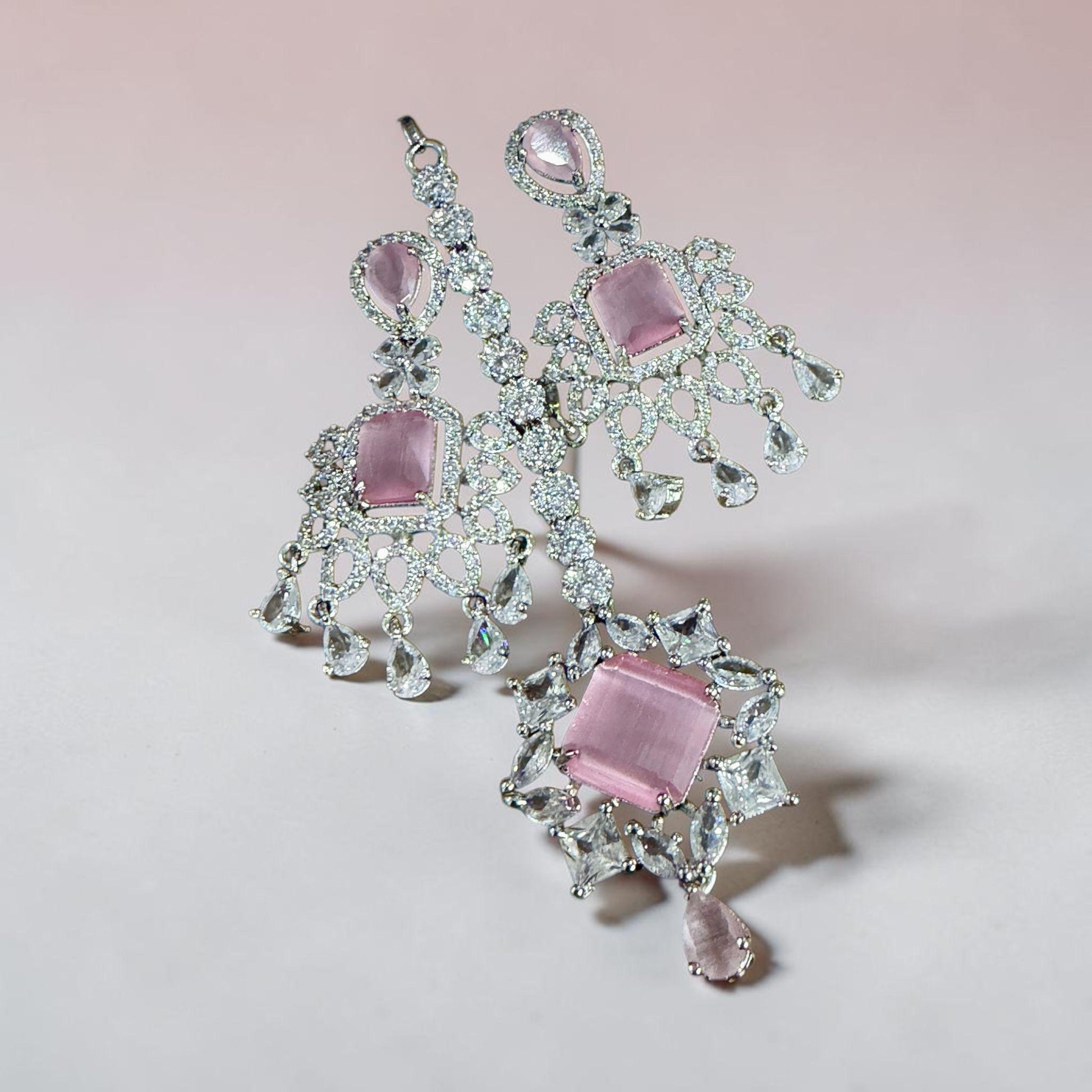 Blush Statement Necklace Set Layered CZ Bridal Jewelry Set Chandelier Earrings