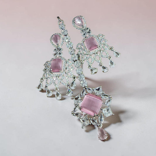 Blush Statement Necklace Set Layered CZ Bridal Jewelry Set Chandelier Earrings