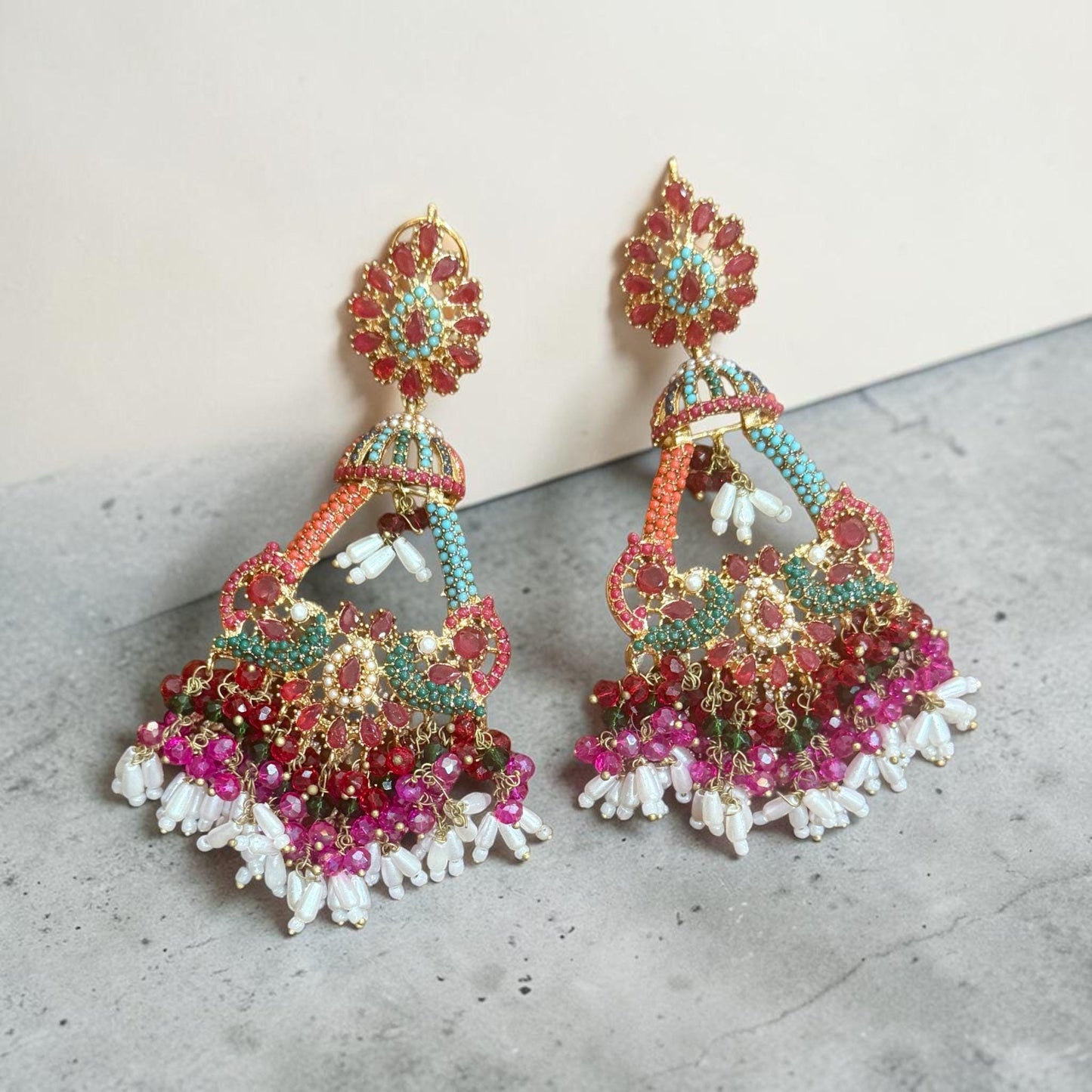 Handcrafted Beaded Jhumka Earrings Floral Statement Dangle Earrings