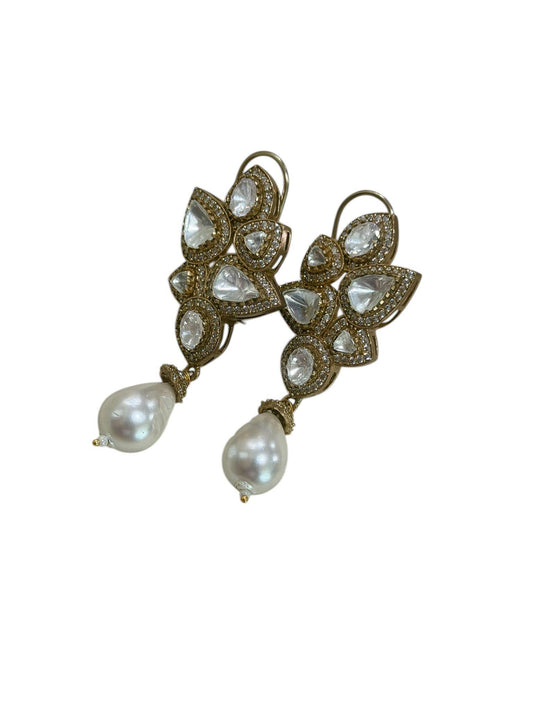 Baroque Pearl Drop Earrings Gold Statement Bridal Earrings Polki Style