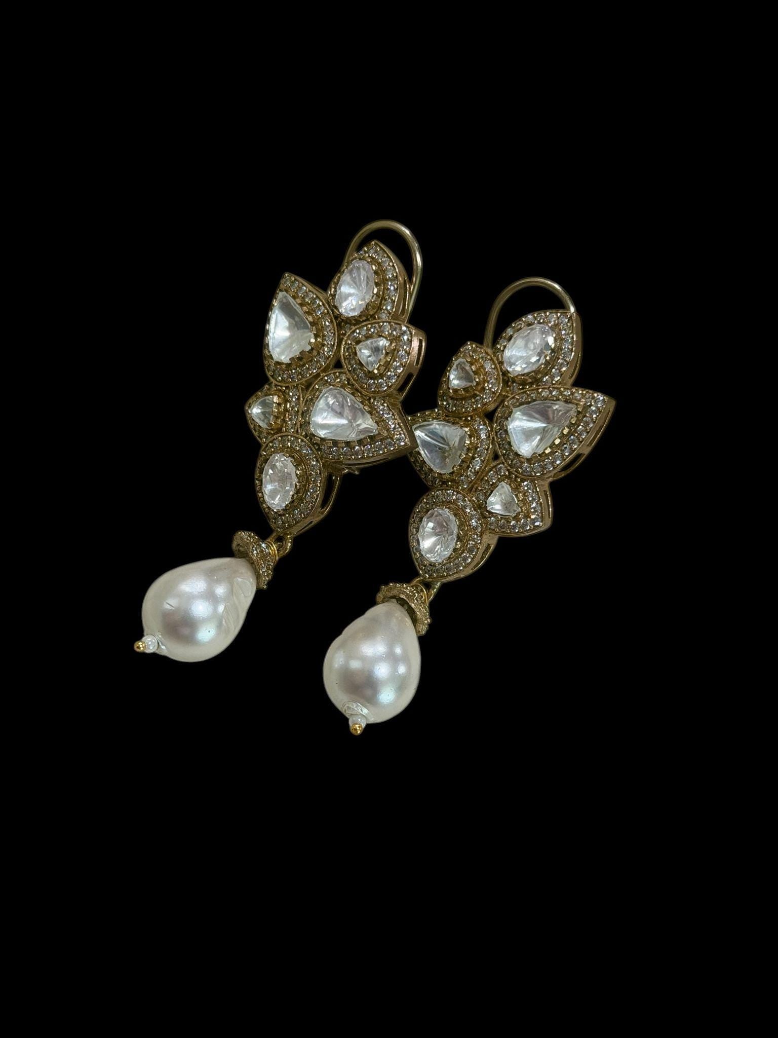 Baroque Pearl Drop Earrings Gold Statement Bridal Earrings Polki Style