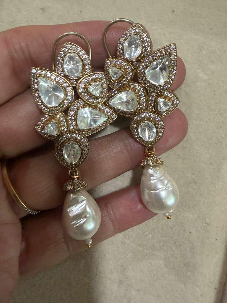 Baroque Pearl Drop Earrings Gold Statement Bridal Earrings Polki Style