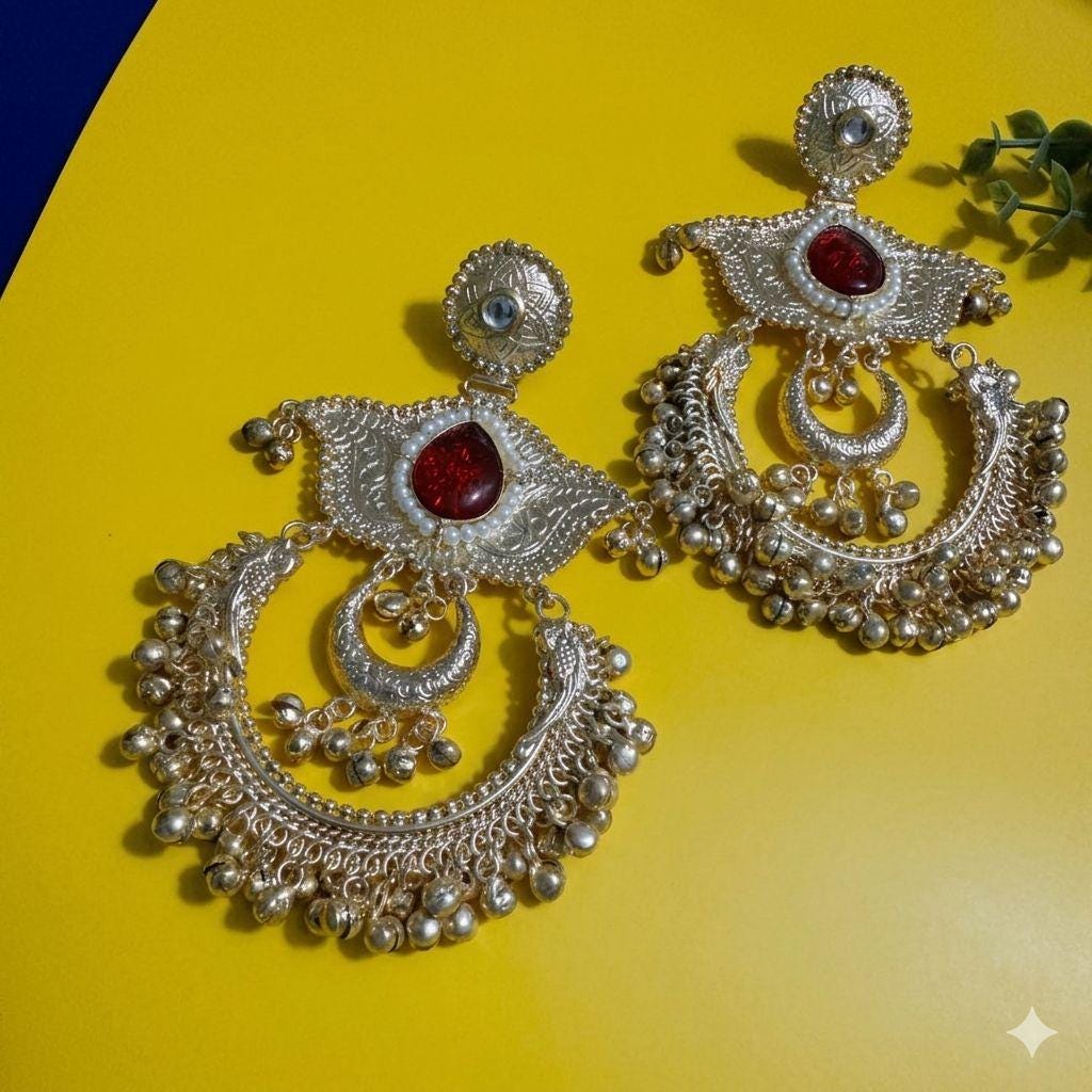 Silver Tribal Chandbali Earrings Boho Statement Earrings Oxidized Ethnic Jewelry