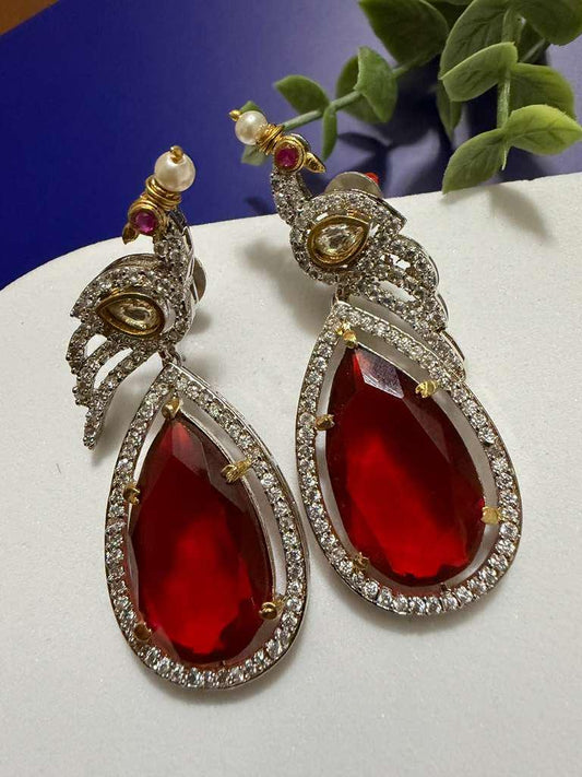 Ruby Red Peacock Earrings Statement Drop Earrings Luxury CZ Bridal Earrings