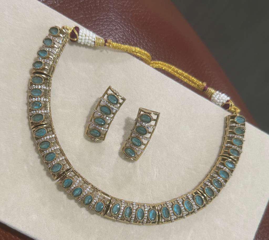 Turquoise Stone Necklace Set Gold Choker Necklace with Earrings Statement Bridal Jewelry