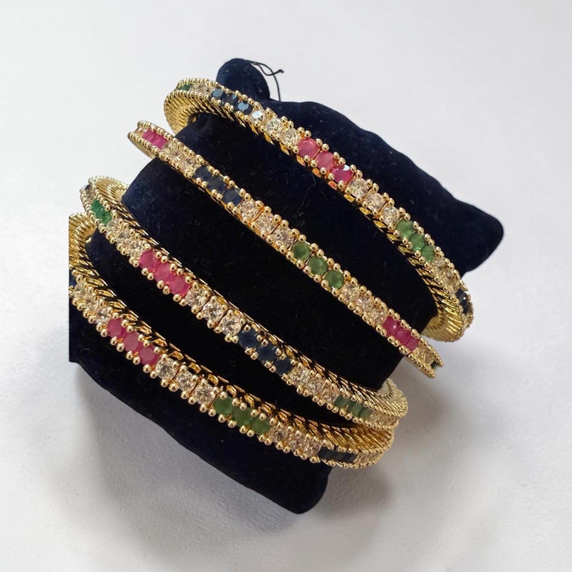 Multicolor Stone Gold Bangles Set 2.4 Indian Bridal Kada Stack Crystal CZ Wedding Bangles