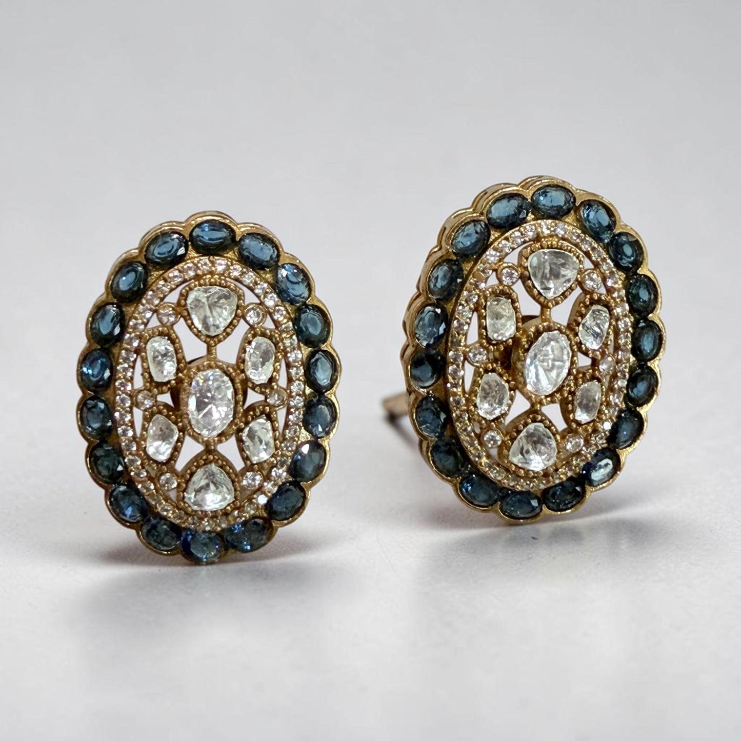 Midnight Halo Polki Stud Earrings Gold Statement Studs Oval Cocktail Earrings