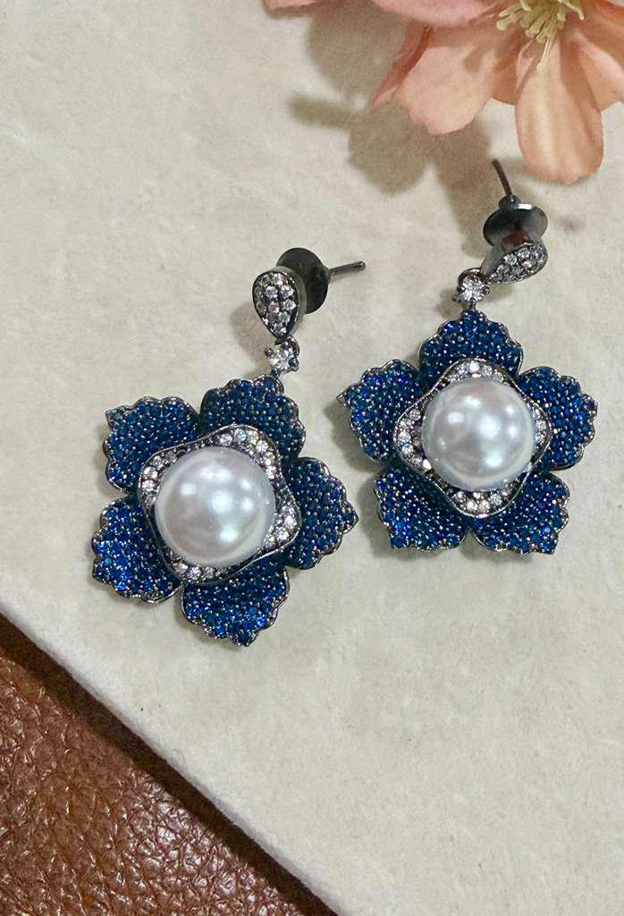 Royal Bloom Pearl Earrings Floral Statement Earrings Blue Evening Earrings