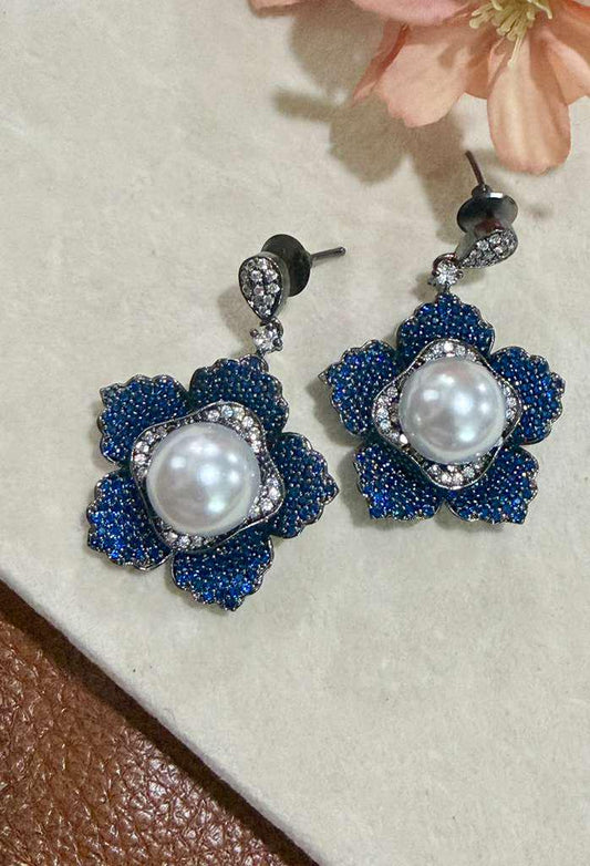 Royal Bloom Pearl Earrings Floral Statement Earrings Blue Evening Earrings