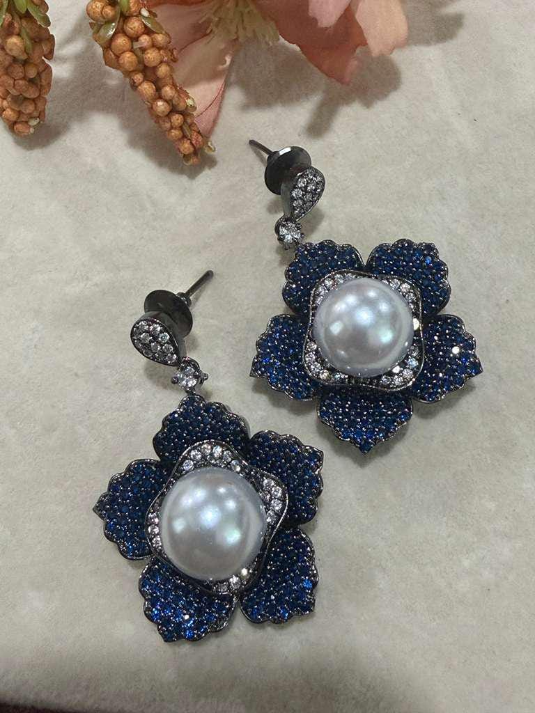 Royal Bloom Pearl Earrings Floral Statement Earrings Blue Evening Earrings
