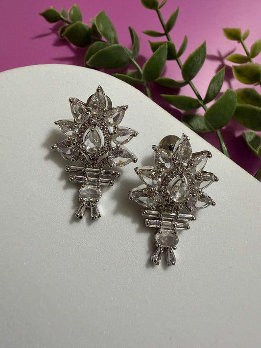 Silver Crystal Floral Earrings Statement CZ Stud Earrings Elegant Bridal Earrings