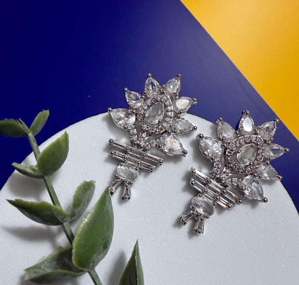 Silver Crystal Floral Earrings Statement CZ Stud Earrings Elegant Bridal Earrings
