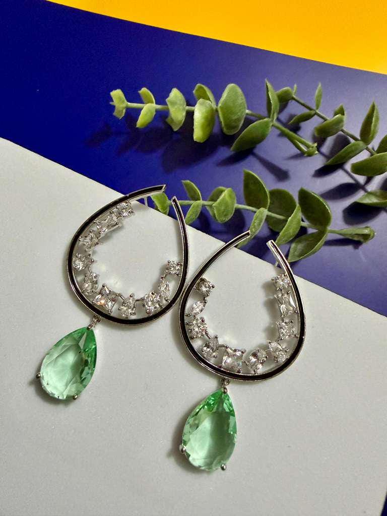 Green Teardrop Crystal Earrings Modern Statement Earrings Silver Hoop Drop Earrings
