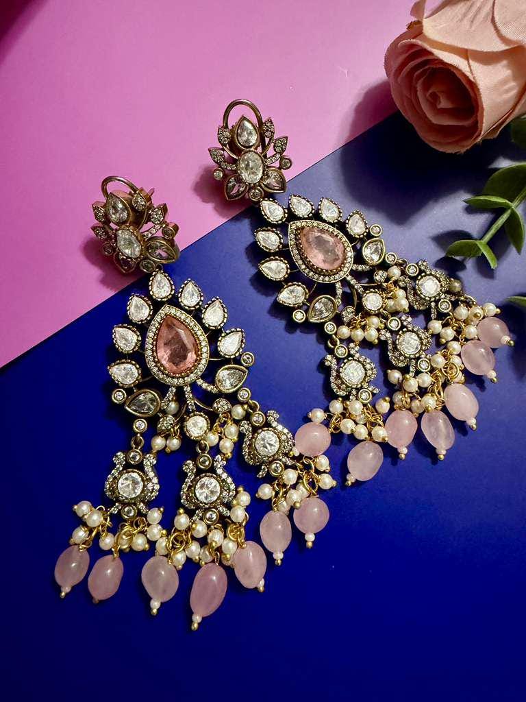 Pink Kundan Chandelier Earrings Bridal Statement Earrings Pearl Dangle Earrings