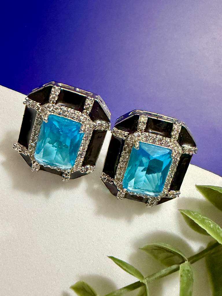 Blue Topaz Black Statement Stud Earrings Geometric Earrings Luxury Designer CZ Earrings