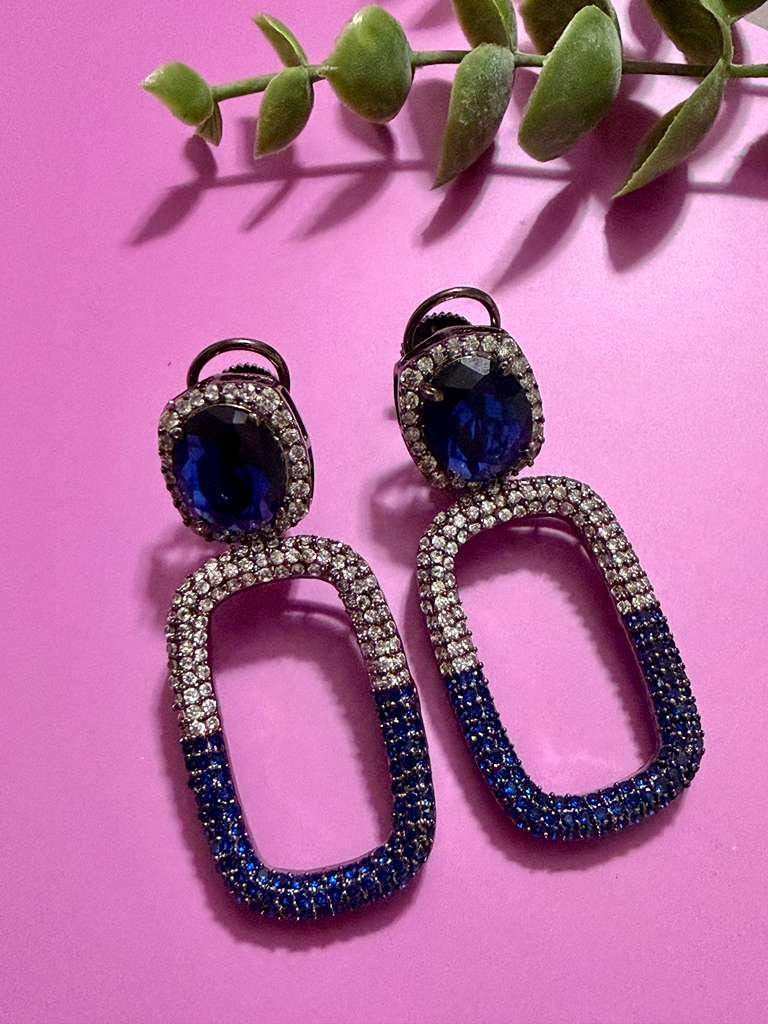 Royal Blue Crystal Drop Earrings Geometric Statement Earrings Luxury CZ Oval Link Earrings
