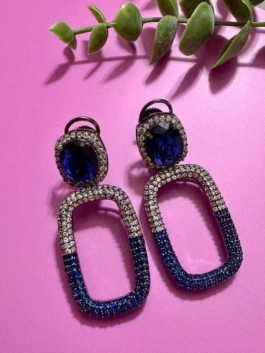 Royal Blue Crystal Drop Earrings Geometric Statement Earrings Luxury CZ Oval Link Earrings