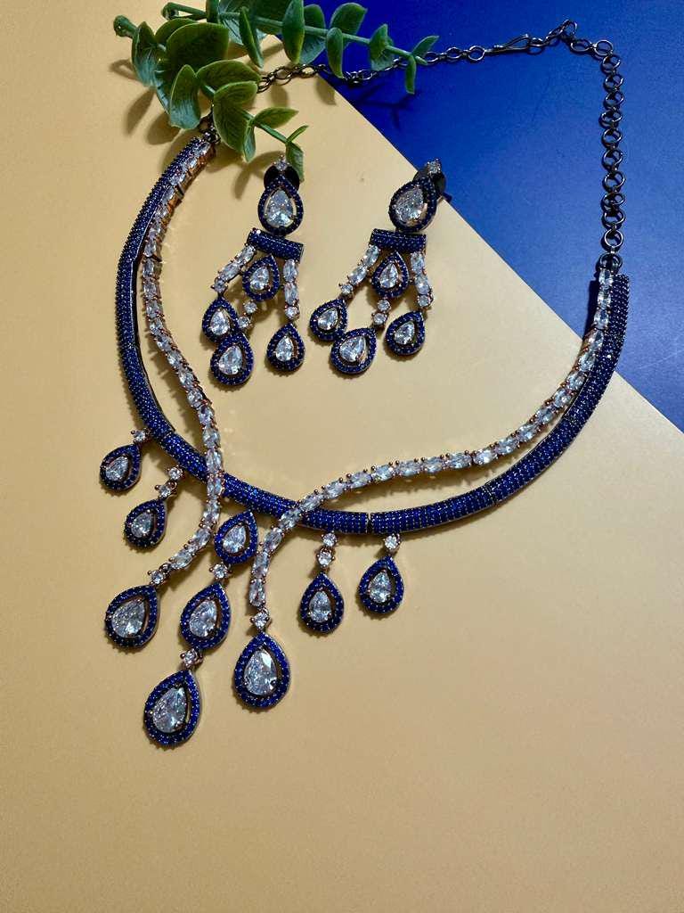 Royal Blue Bridal Jewelry Set Teardrop Necklace Earrings Set Luxury CZ Wedding Jewelry