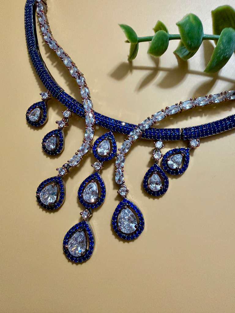 Royal Blue Bridal Jewelry Set Teardrop Necklace Earrings Set Luxury CZ Wedding Jewelry