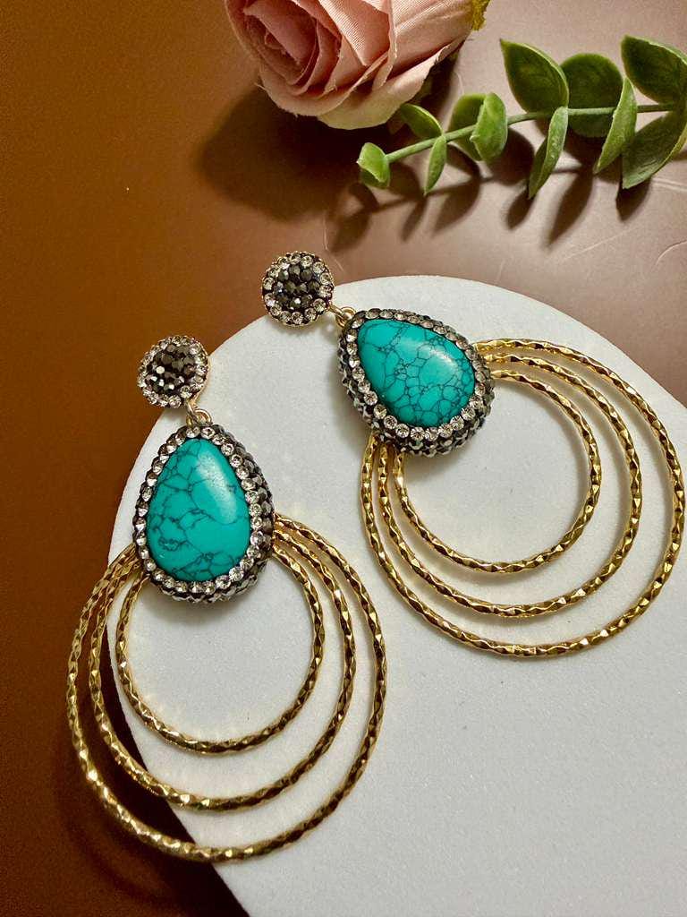 Turquoise Hoop Statement Earrings Gold Circle Drop Earrings Boho Chic Gemstone Earrings