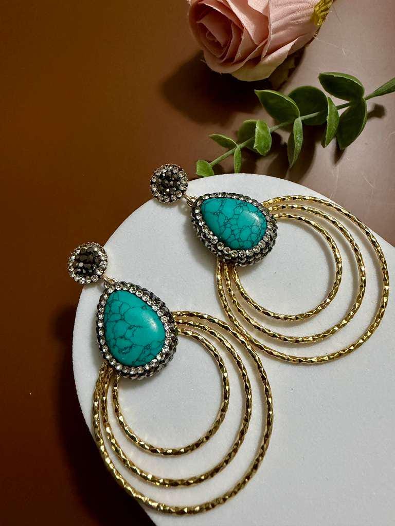 Turquoise Hoop Statement Earrings Gold Circle Drop Earrings Boho Chic Gemstone Earrings