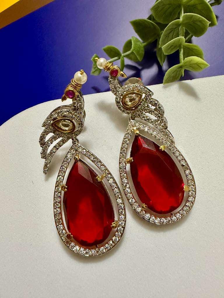 Ruby Red Peacock Earrings Statement Drop Earrings Luxury CZ Bridal Earrings