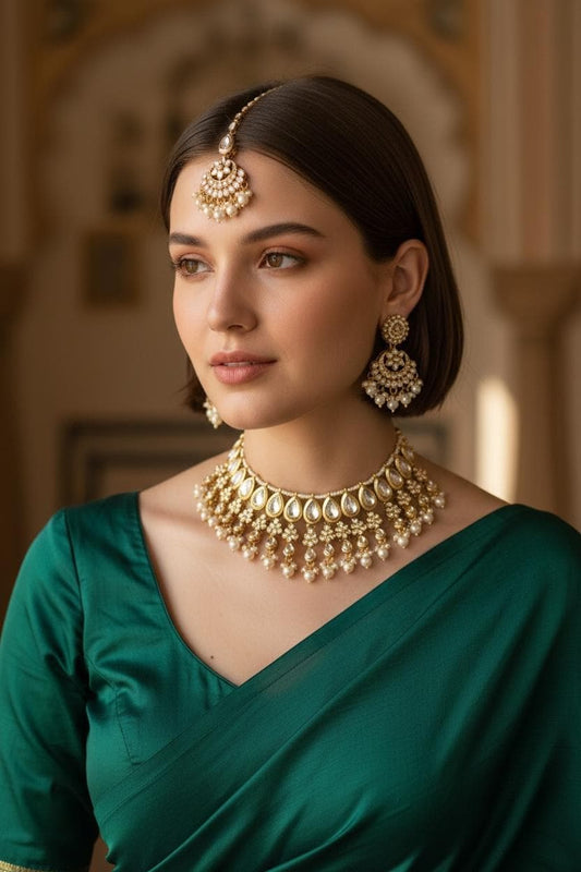 Bollywood Ethnic kundun set with emerald green stones