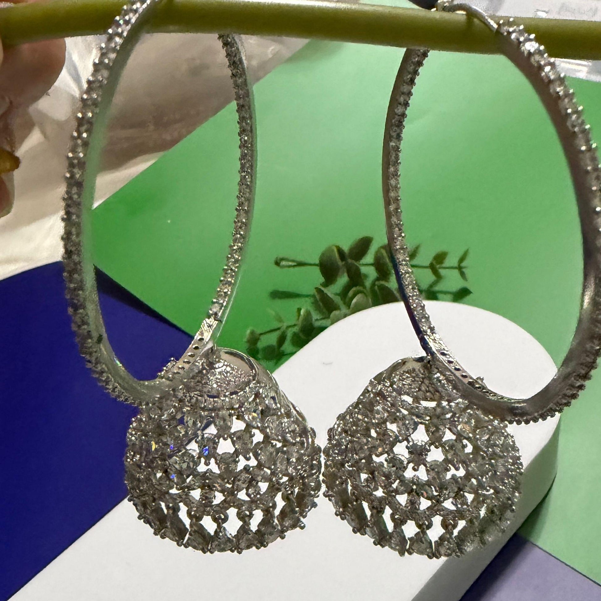 Silver Hoop Jhumka Earrings Luxury CZ Statement Earrings Oversized Designer Chandbali