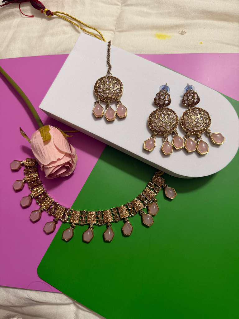 Pink Kundan Choker Set with Matching Earrings Rose Gold Bridal Jewelry Set Pastel Wedding Necklace