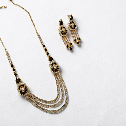 Black Stone Gold Finish Necklace Set | Pearl Drop Earrings | Elegant Party Jewelry | Handmade Minimal  Gift for Her