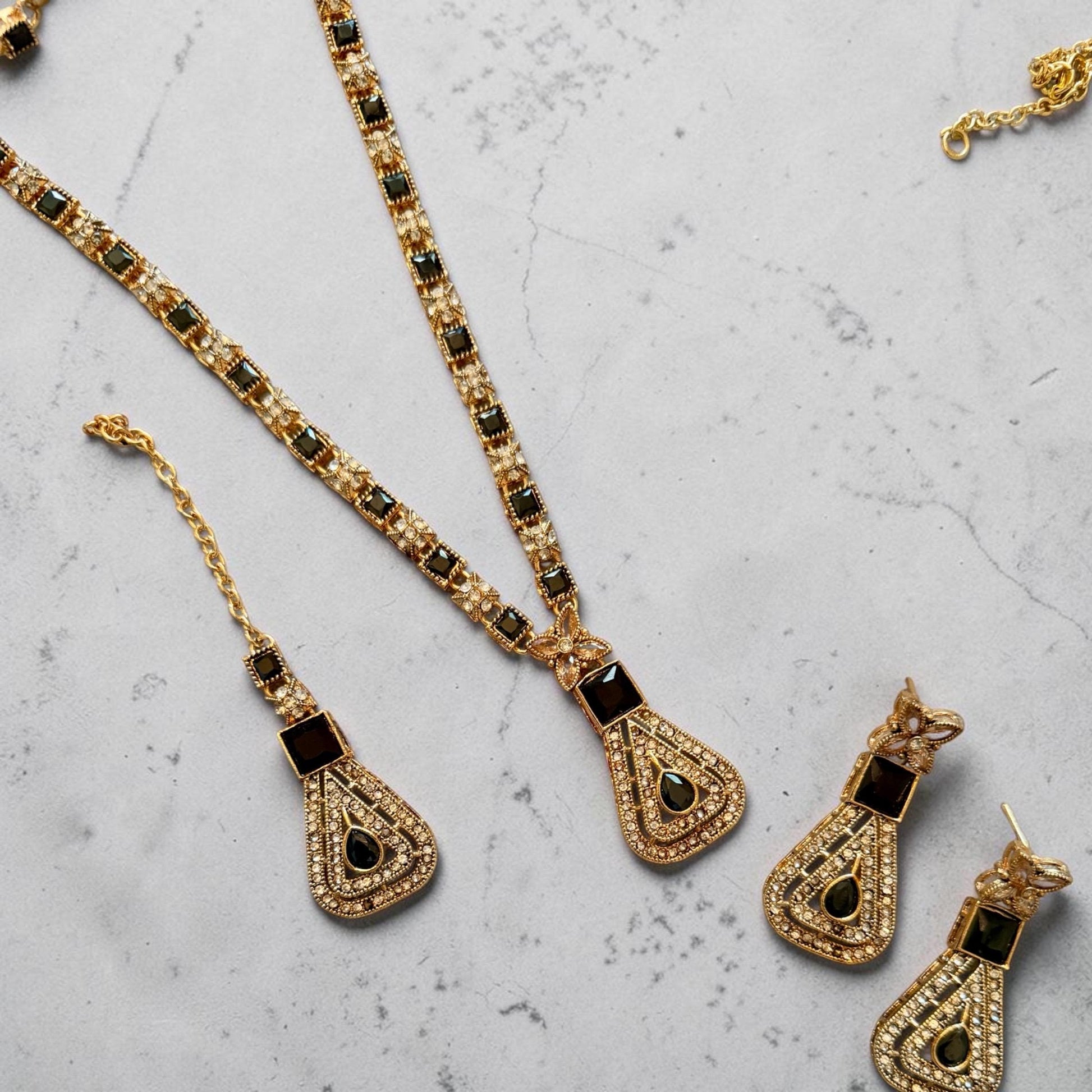 Black Stone Gold Finish Necklace Set | Pearl Drop Earrings | Elegant Party Jewelry | Handmade Minimal Gift for Her
