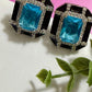 Blue Topaz Black Statement Stud Earrings Geometric Earrings Luxury Designer CZ Earrings