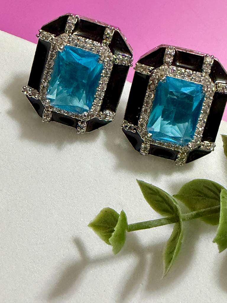 Blue Topaz Black Statement Stud Earrings Geometric Earrings Luxury Designer CZ Earrings